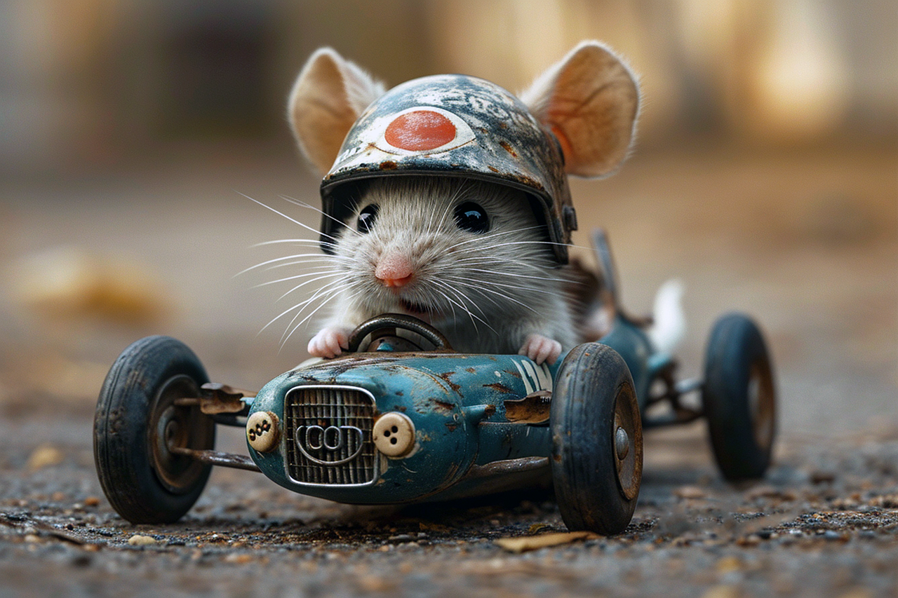 A tiny mouse driving a sports car